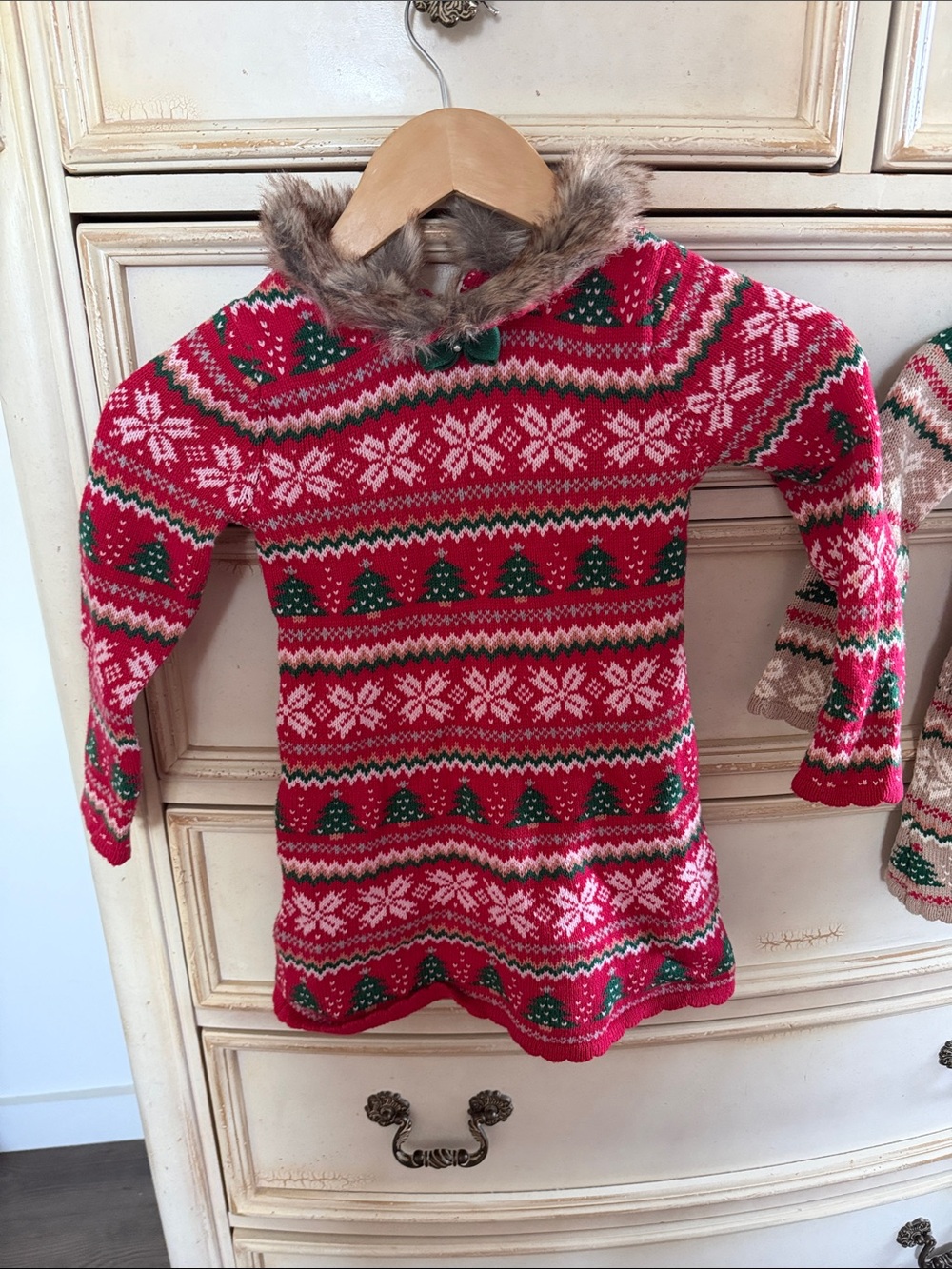 Girls' Red Fair Isle Holiday Knit Sweater Dress with Faux Fur Collar - 4T